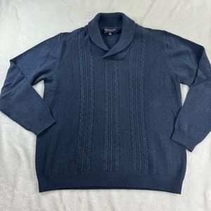 Roundtree & Yorke Mens Size Large Blue Cable Knit Shawl Collar Pullover Sweater